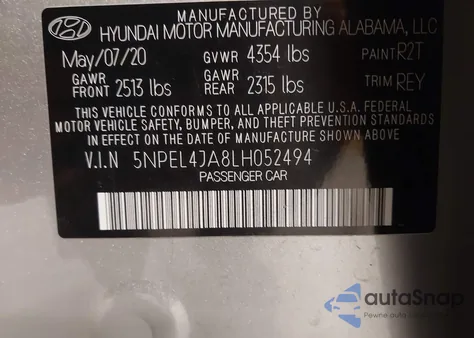 2020 Hyundai Sonata Sel z USA, uszkodzony, nr VIN 5NPEL4JA8LH052494